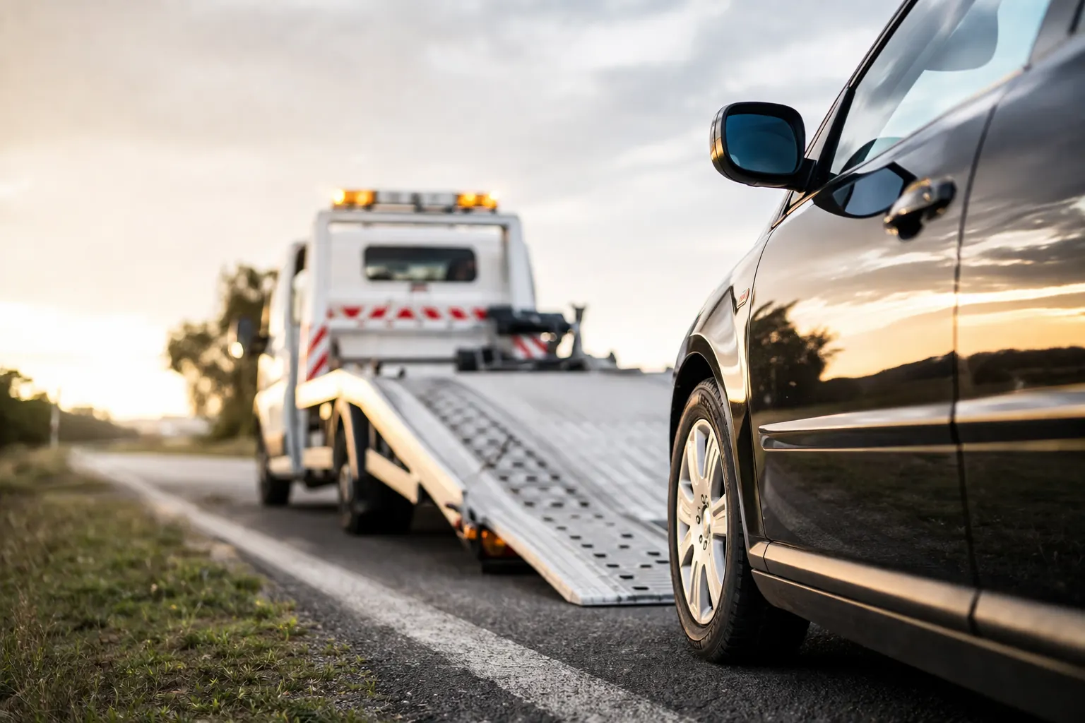 Voiture remorquée sur plateau lors d'une intervention de dépannage à Charvieu